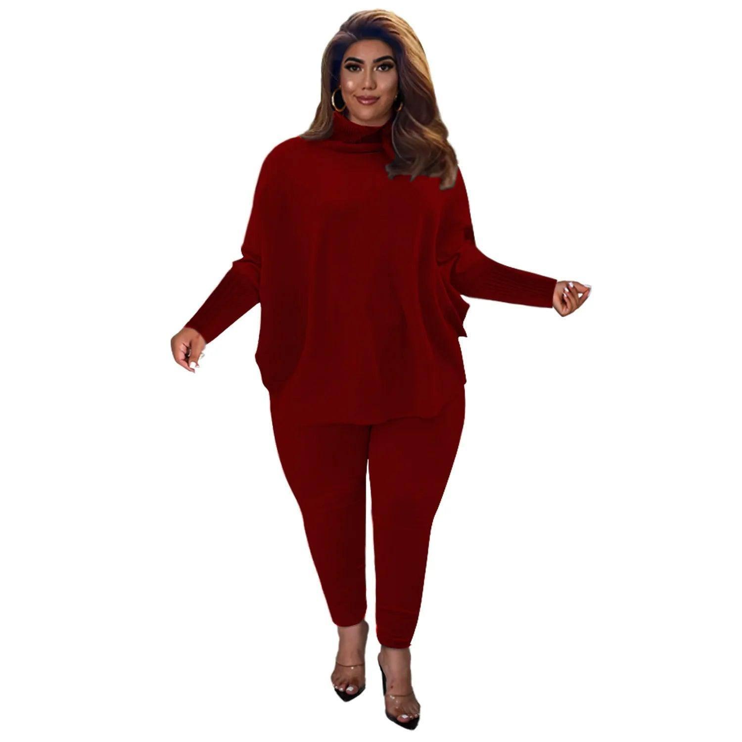 Knitted Plus Size Women 2 Piece Set Casual Solid Bat Sleeve-Red-9