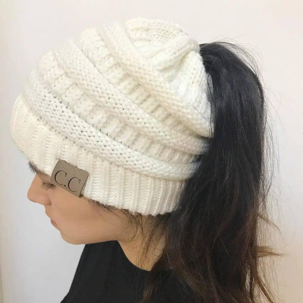 Knitted Ponytail Hat, Women's Wool Hat Fashion-White-1