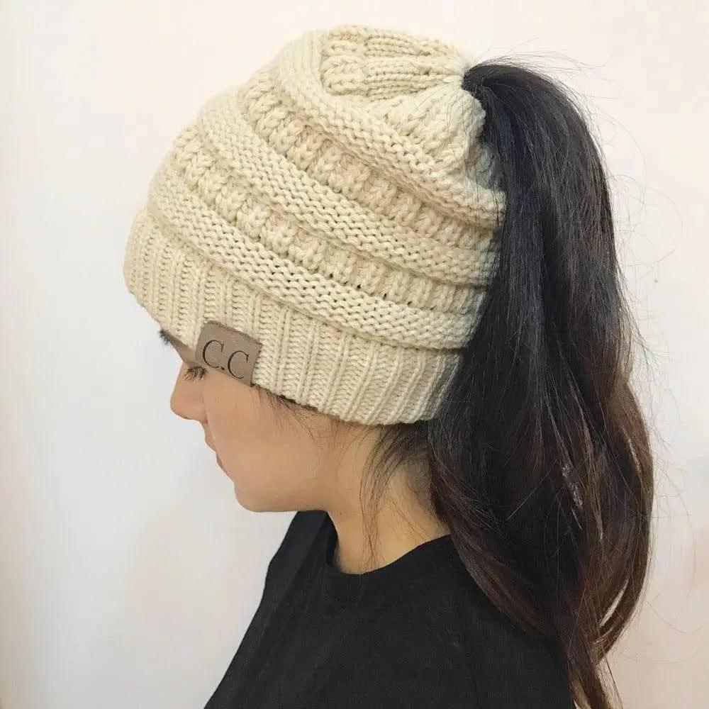 Knitted Ponytail Hat, Women's Wool Hat Fashion-Cream-13