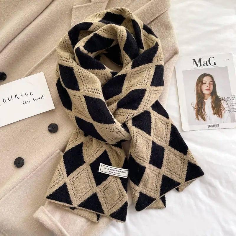 Knitted Wool Small Scarf Women Camel Rhombus Thickened Warm-5