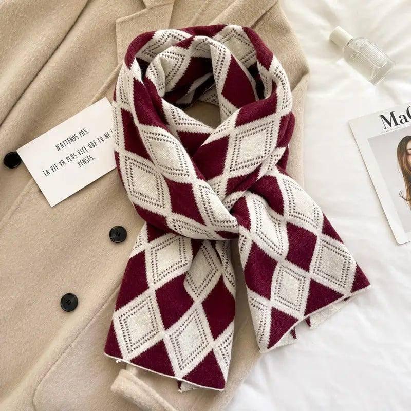 Knitted Wool Small Scarf Women Camel Rhombus Thickened Warm-Wine red-9