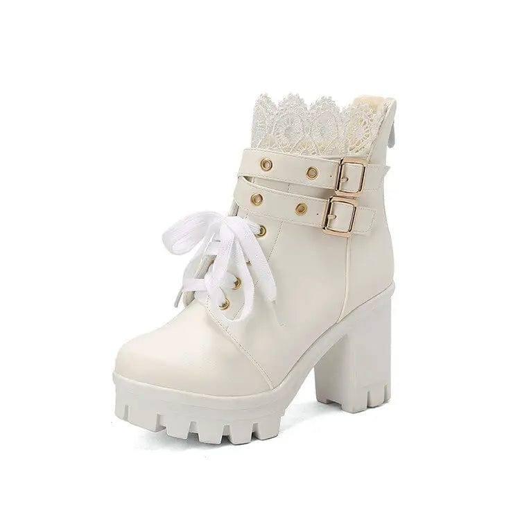 Lace Ankle Boots Lace-up Square Heeled Shoes Women White-A white-10