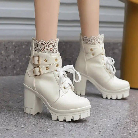Lace Ankle Boots Lace-up Square Heeled Shoes Women White-1