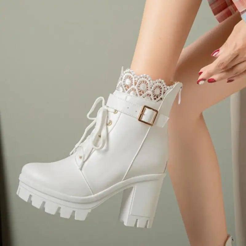 Lace Ankle Boots Lace-up Square Heeled Shoes Women White-2