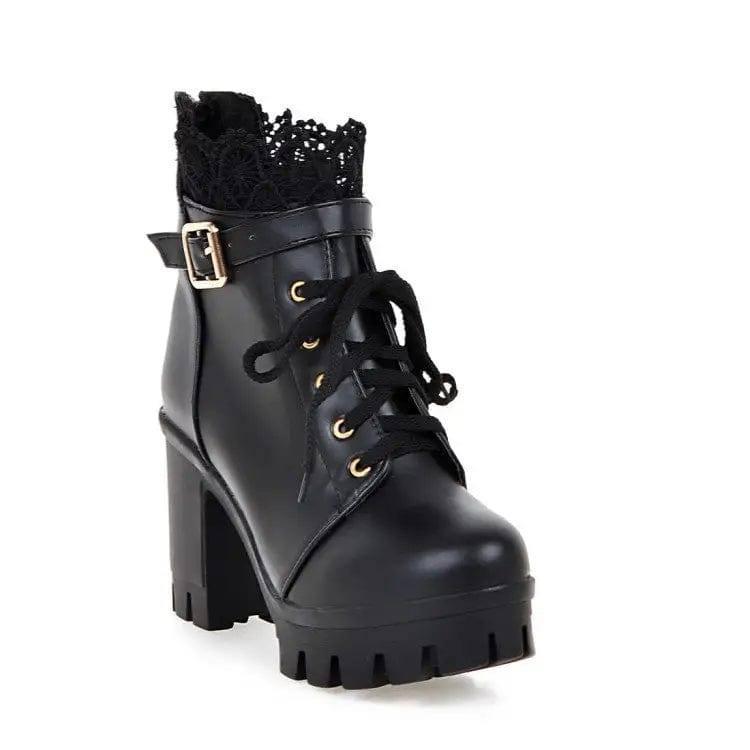 Lace Ankle Boots Lace-up Square Heeled Shoes Women White-Black-6