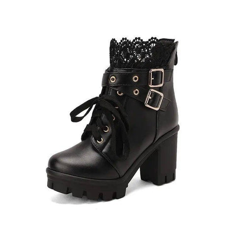 Lace Ankle Boots Lace-up Square Heeled Shoes Women White-A black-9