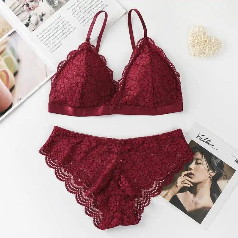 Lace Bra And French Lingerie Set-Redwine-6
