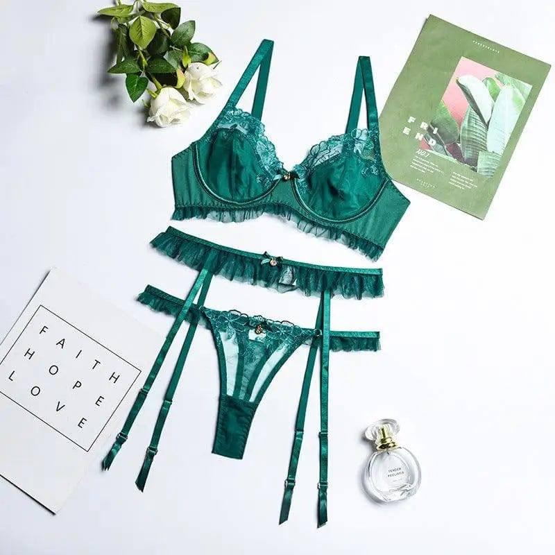 Lace Embroidered Push Up Lingerie Body Shaper Set-Green-2