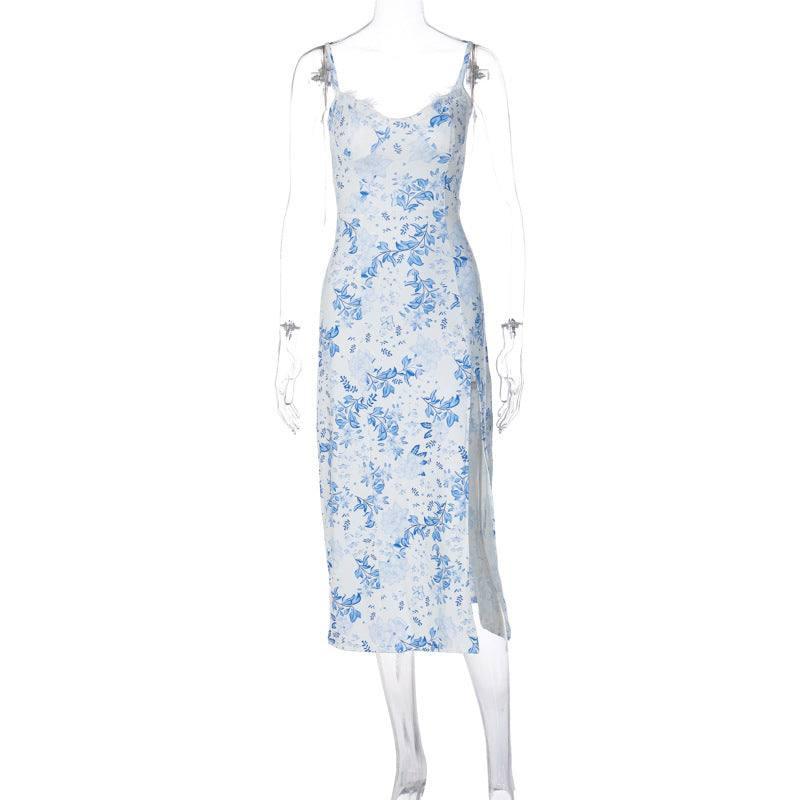 Lace Flowers Print Long Dress Sexy Fashion Slit Suspender-Blue-7