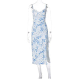Lace Flowers Print Long Dress Sexy Fashion Slit Suspender-Blue-7