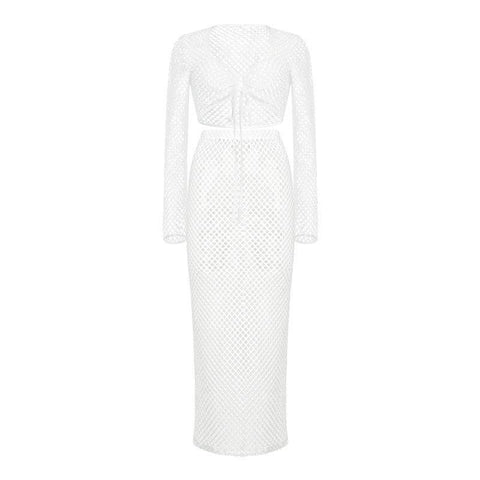 Lace Mesh Long Sleeve Narrow Casual Knitted Maxi Dress Suit-White-11