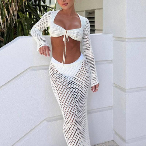 Lace Mesh Long Sleeve Narrow Casual Knitted Maxi Dress Suit-1