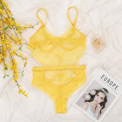 Lace Sexy Lingerie Slim-fit Corset Sexy One-piece Women-Yellow-5