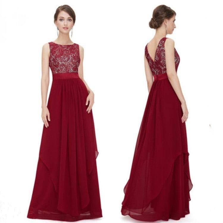 Lace spliced chiffon dress-Wine red-5