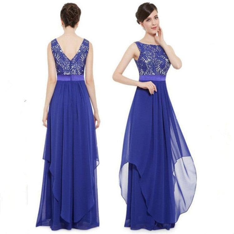 Lace spliced chiffon dress-Blue-7