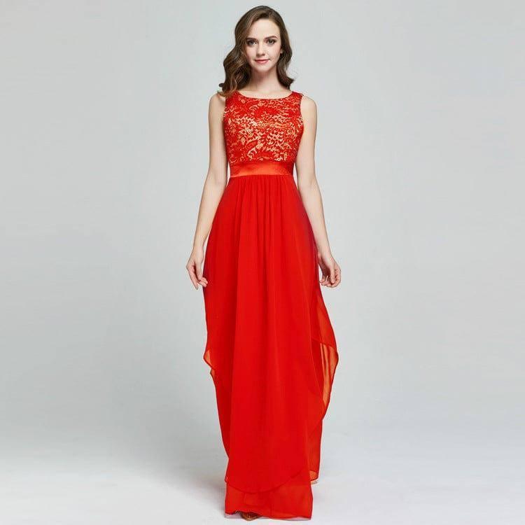 Lace spliced chiffon dress-Red-9