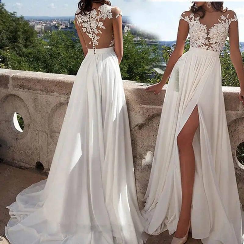 Lace split evening dress-white-1