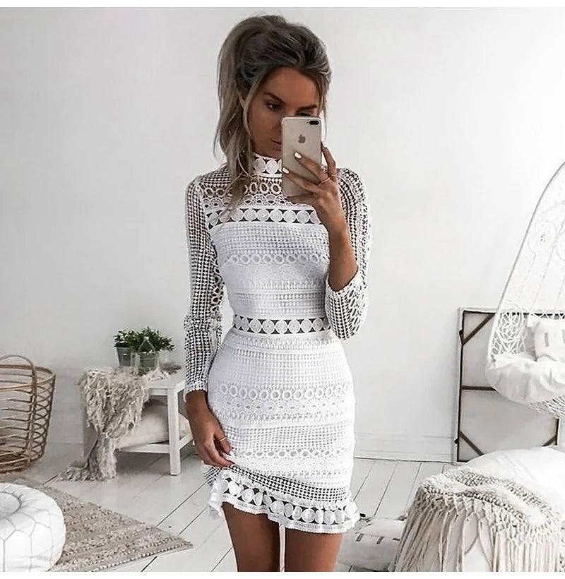 Lace Stitching Hollow Out Party Dresses-White (Long sleeve )-5