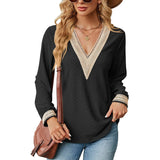 Lace Stitching V-neck T-shirt Loose Long-sleeved Solid Color-Black-2