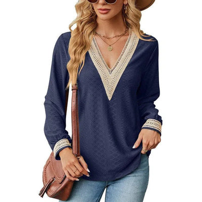 Lace Stitching V-neck T-shirt Loose Long-sleeved Solid Color Top For Women-Navy Blue-4