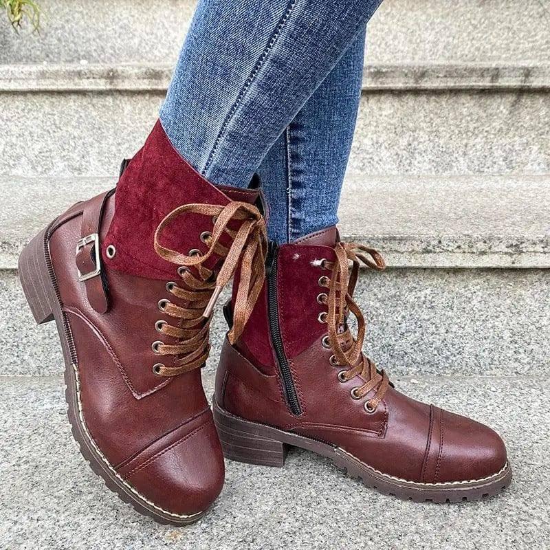 Lace-up Boots Winter Buckle Cowboy Boots Women Low Heel-Wine red-3