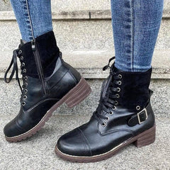 Lace-up Boots Winter Buckle Cowboy Boots Women Low Heel-Black-4
