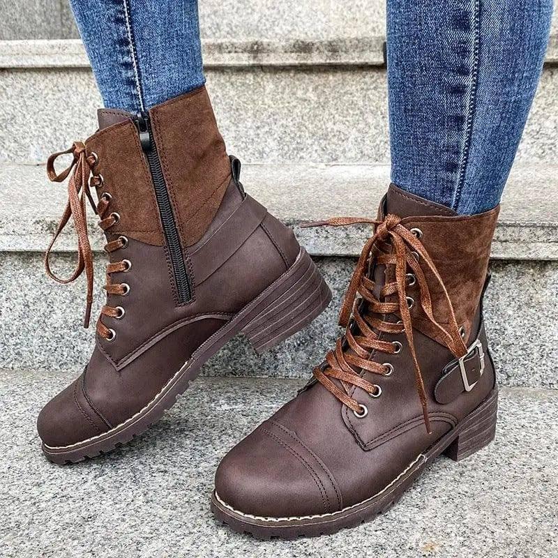 Lace-up Boots Winter Buckle Cowboy Boots Women Low Heel-Coffee-5
