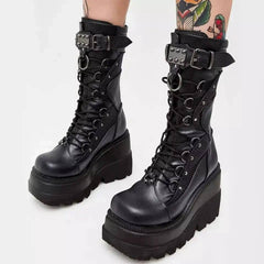 Lace-Up Combat Boot Motorcycle Black Bucke Chunky Boots For-Black-1