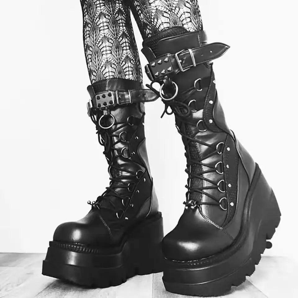 Lace-Up Combat Boot Motorcycle Black Bucke Chunky Boots For-4