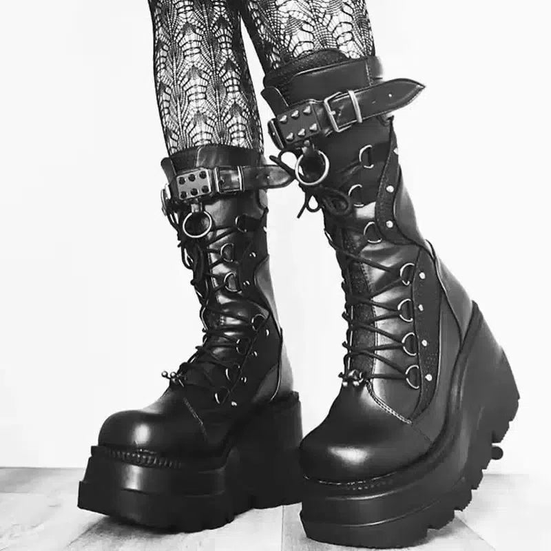 Lace-Up Combat Boot Motorcycle Black Bucke Chunky Boots For-5