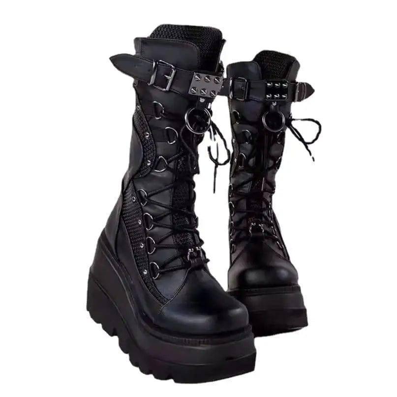 Lace-Up Combat Boot Motorcycle Black Bucke Chunky Boots For-6