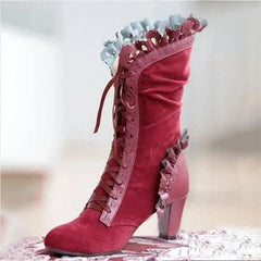 Lace-Up Combat Boot Women Ruffle Design Ethnic Shoes-Red-1