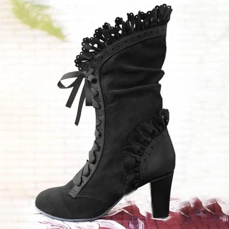 Lace-Up Combat Boot Women Ruffle Design Ethnic Shoes-Black-2