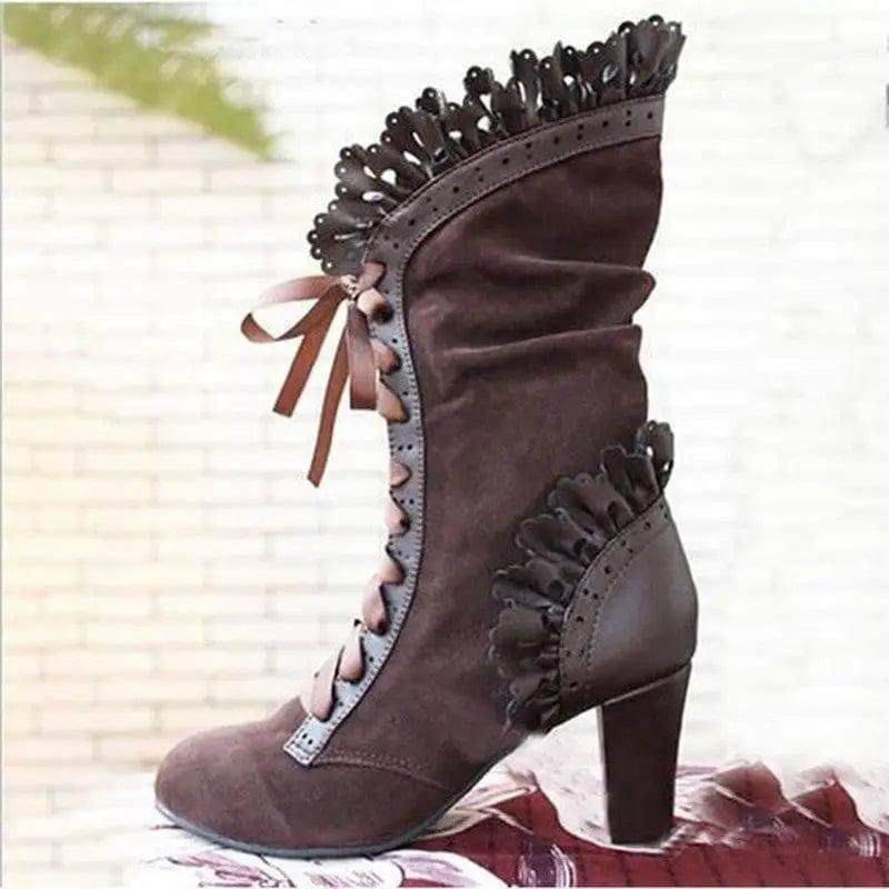 Lace-Up Combat Boot Women Ruffle Design Ethnic Shoes-Brown-4