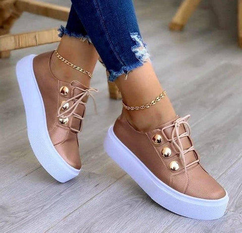 Lace-up Flats Sneakers Women Rivet Casual Shoes-Rose gold-2