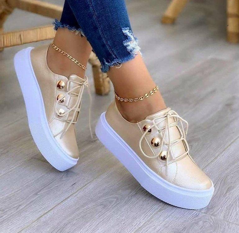 Lace-up Flats Sneakers Women Rivet Casual Shoes-Gold-3