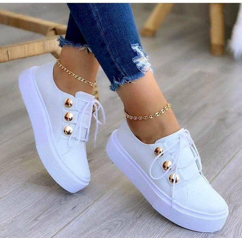 Lace-up Flats Sneakers Women Rivet Casual Shoes-White-4