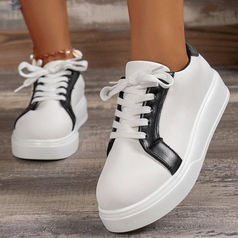 Lace-up Flats Women Walking Sports Skateboard Shoes Retro-White-2