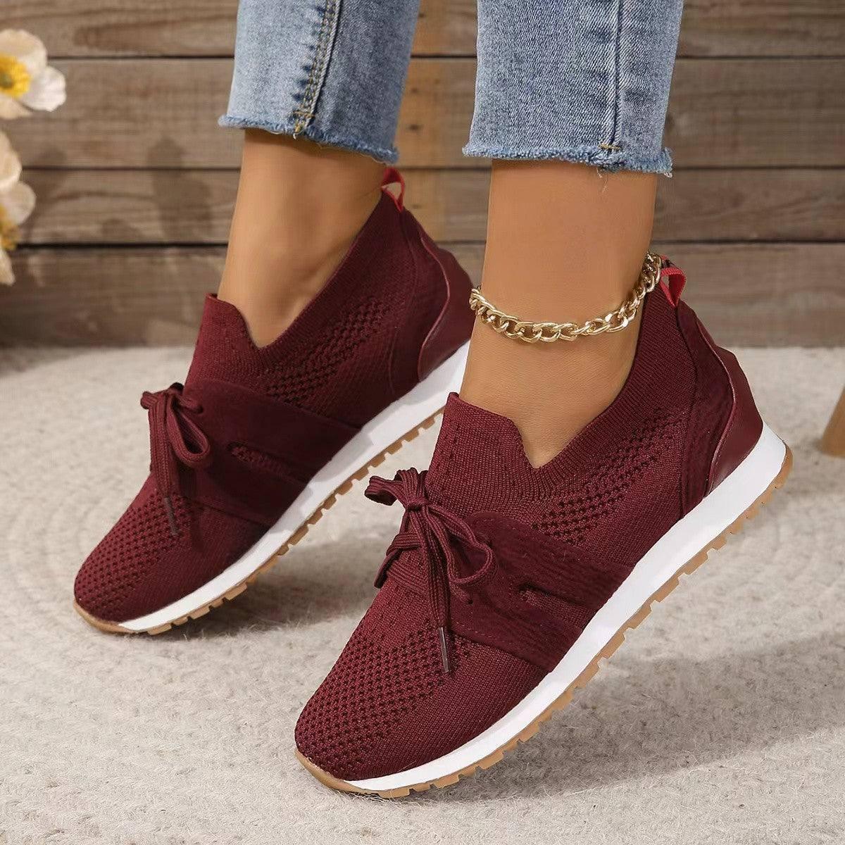 Lace Up Mesh Flats Shoes For Women Breathable Casual-Red-2