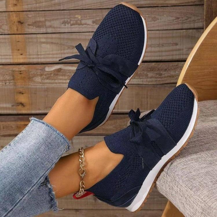 Lace Up Mesh Flats Shoes For Women Breathable Casual-Dark Blue-4