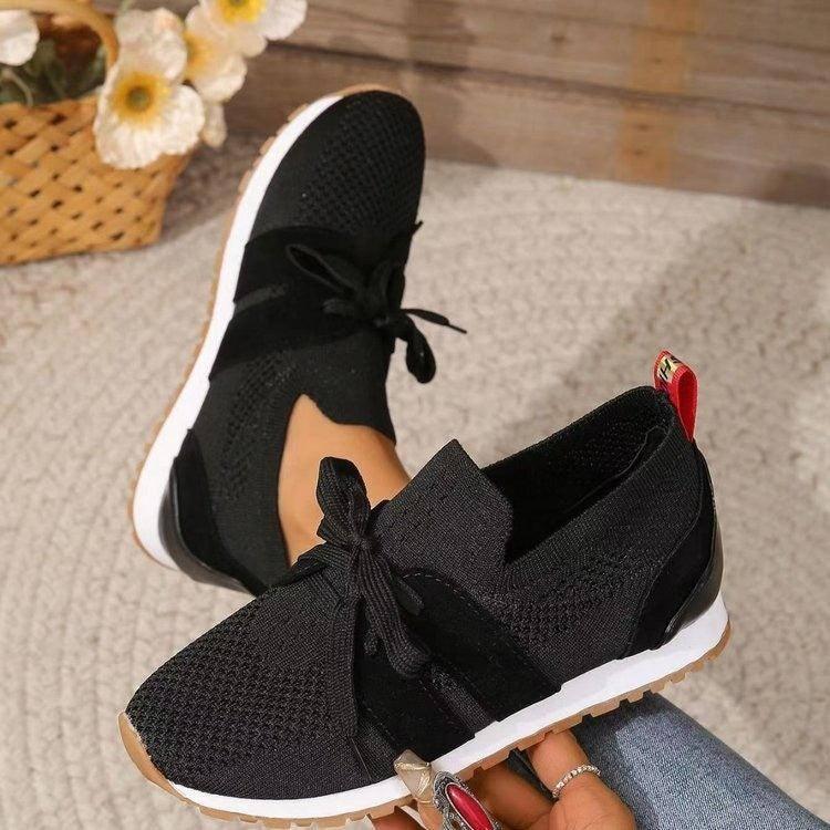 Lace Up Mesh Flats Shoes For Women Breathable Casual-Black-5