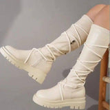 Lace-Up Platform Boots White Long Cowboy Boots Women-White-1