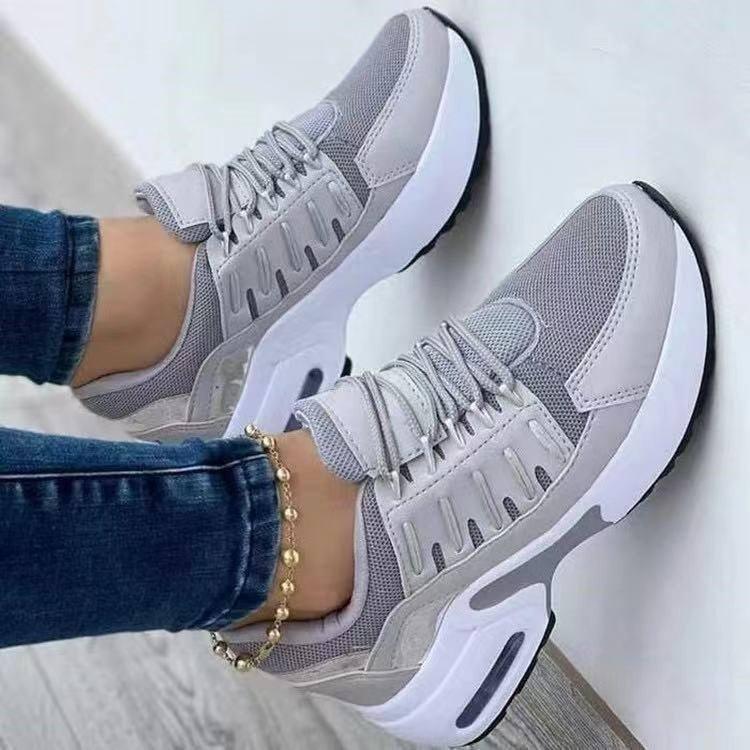 Lace Up Sneakers Women Wedge Heel Running Sports Shoes-Grey-1