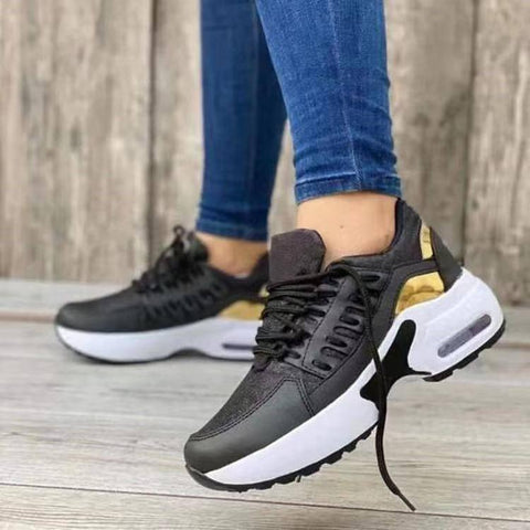 Lace Up Sneakers Women Wedge Heel Running Sports Shoes-Black-3