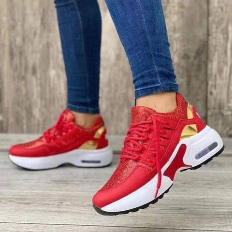 Lace Up Sneakers Women Wedge Heel Running Sports Shoes-Red-9