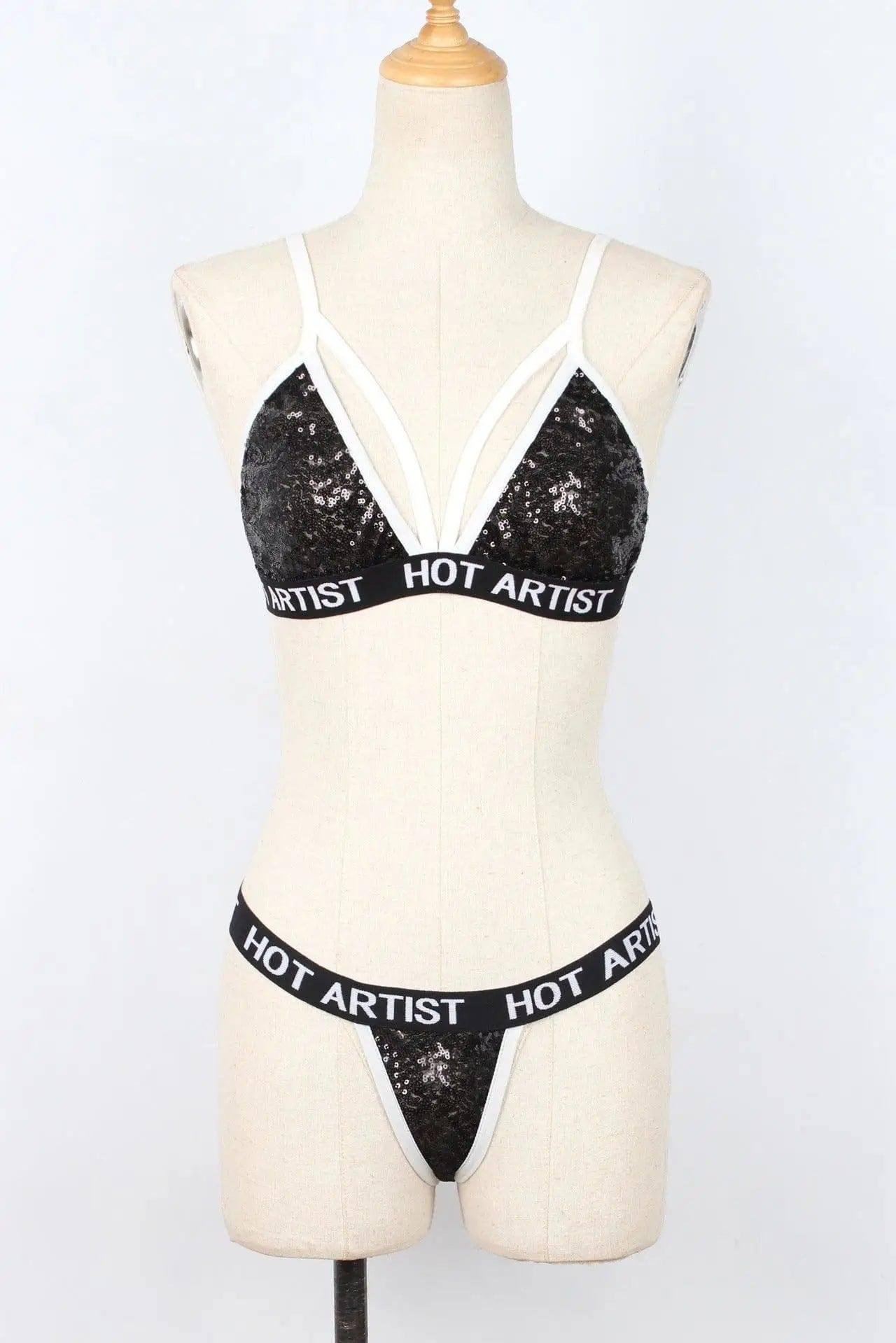Ladies Fashion Sequin Lingerie Bikini Set-Black-2