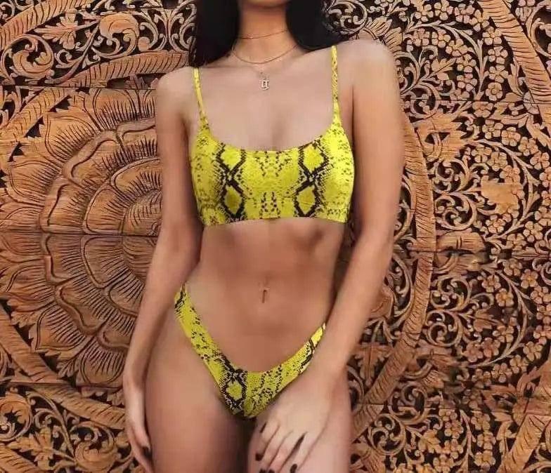 Ladies leopard print bikini swimsuit-Snakepatternyellow-10