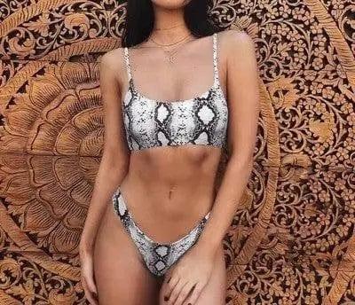 Ladies leopard print bikini swimsuit-Snakepatternwhite-7