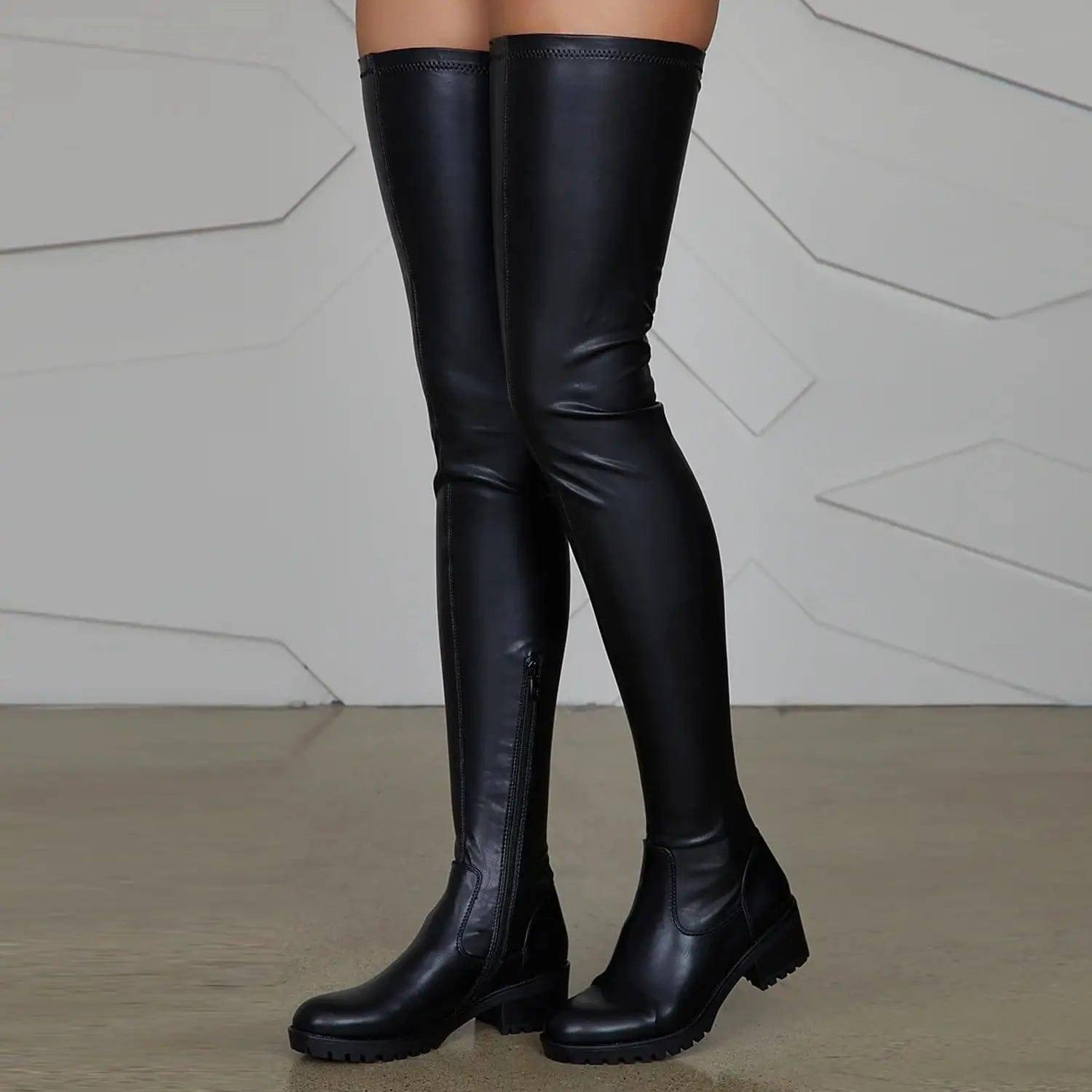 Ladies Long Elastic PU Women Boots-Black-5