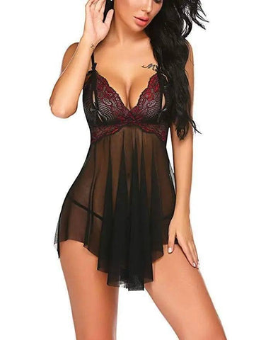 Ladies See-through Sexy Lingerie Suspenders Lace Nightdress-WineRed-4